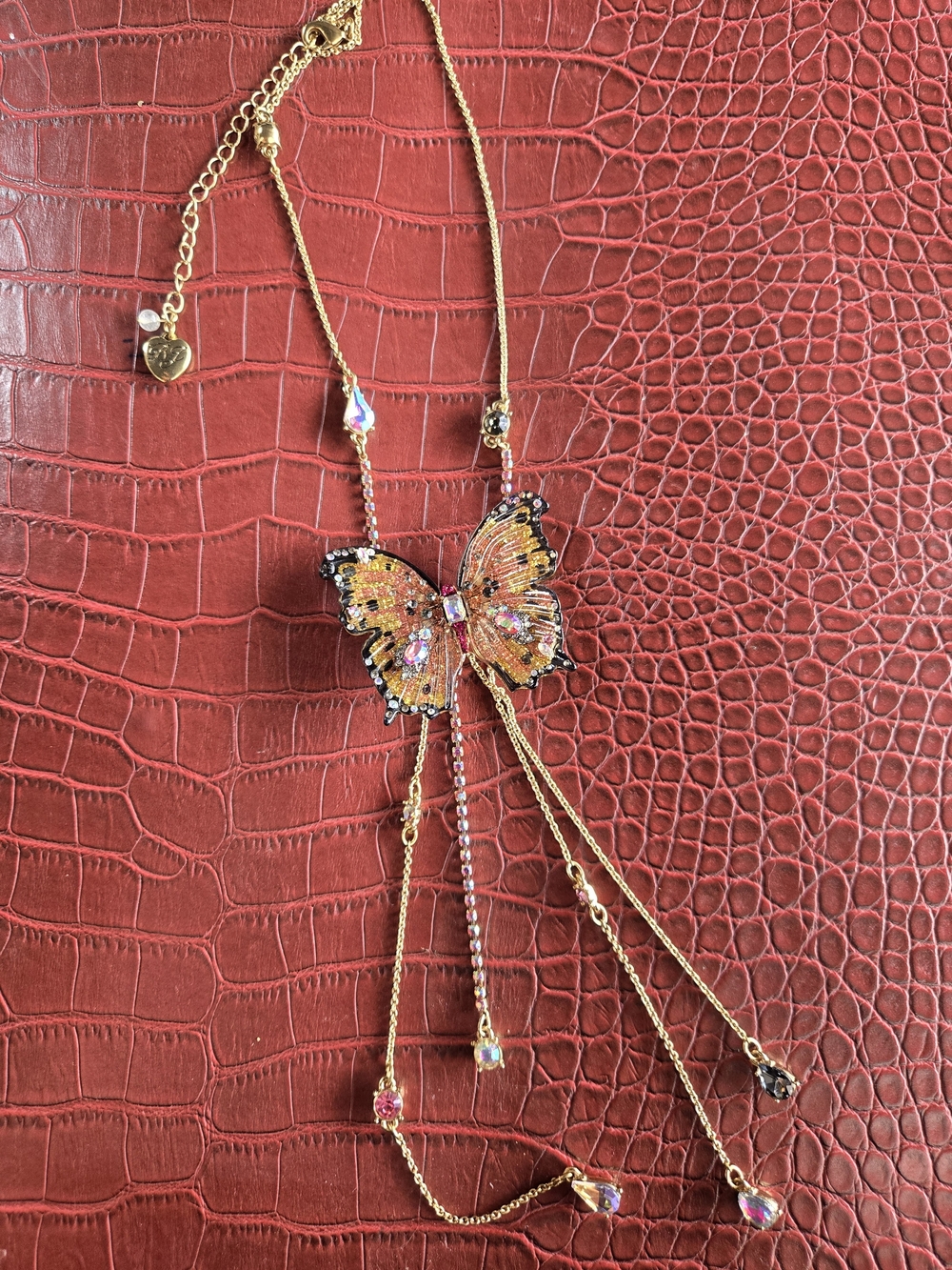 Betsey Johnson Gold Butterfly Necklace with Orange and Iridescent Crystals